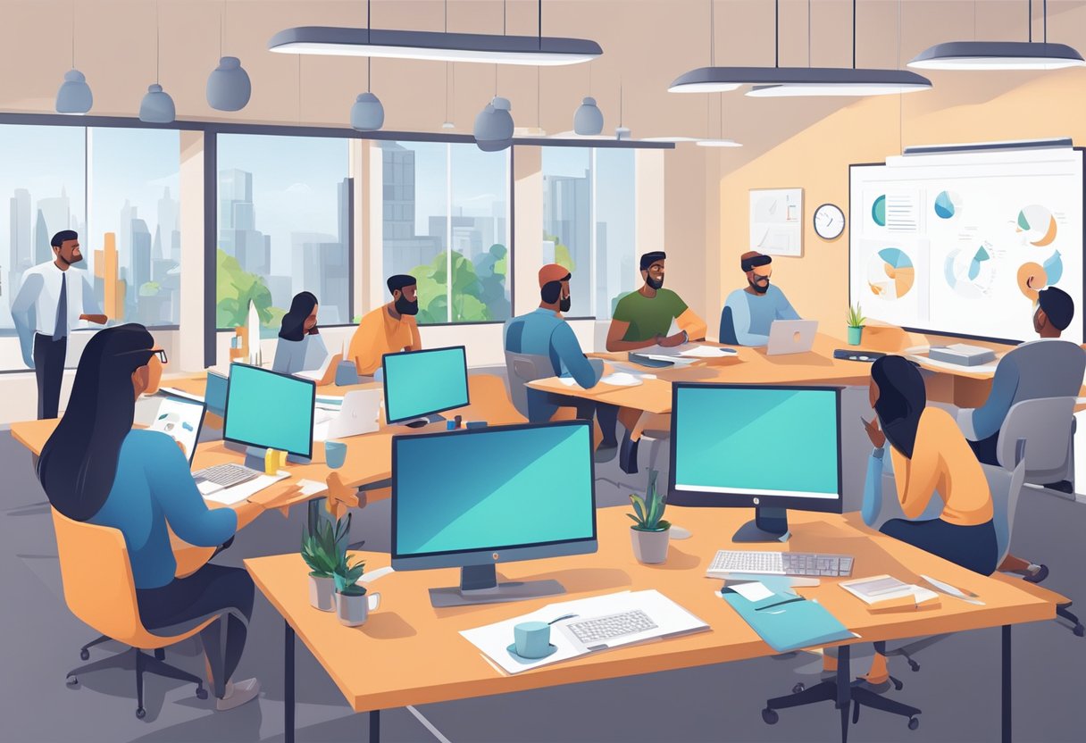 A group of animated characters brainstorming and creating a branding strategy in a modern office setting with computers and whiteboards