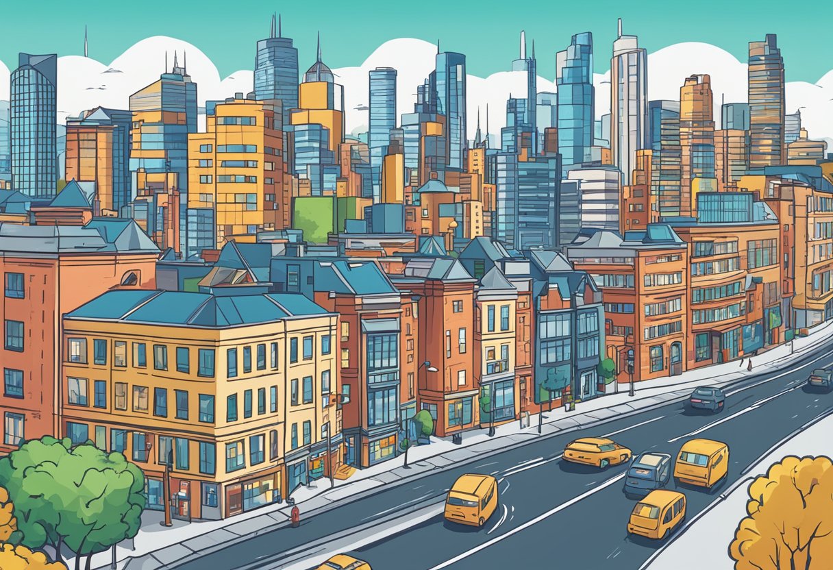 A bustling cityscape with modern buildings and a vibrant skyline, featuring a prominent sign for "Industry Insights for Marketing Professionals animated training videos Sheffield."