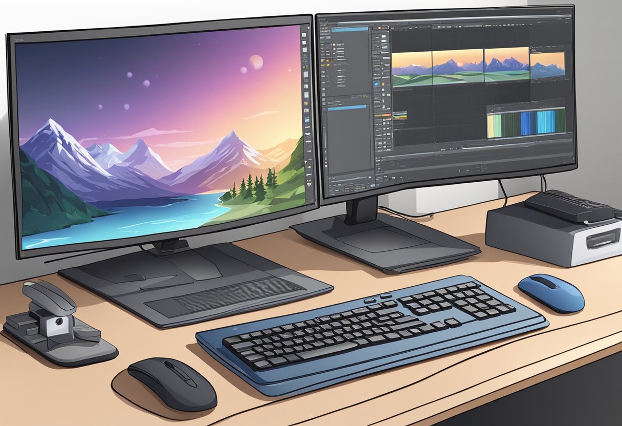 A computer workstation with animation software and video editing tools