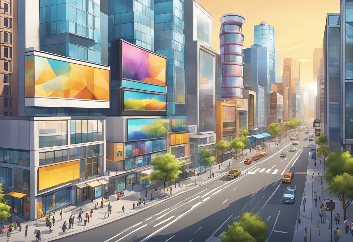 A bustling city street lined with modern office buildings and creative studios, with animated digital billboards and colorful signage