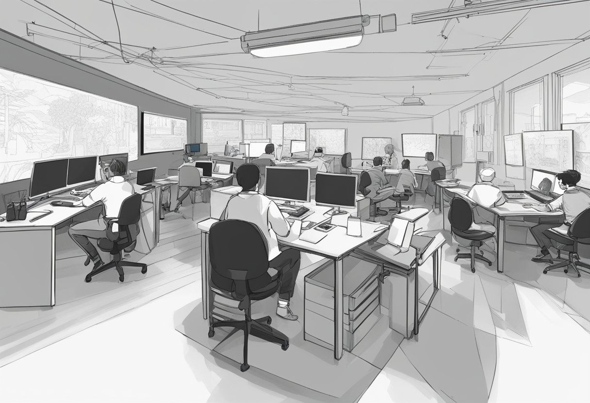 A bustling digital animation studio in Cardiff, filled with creative workstations and cutting-edge technology. An instructor leads a group of students in a hands-on lesson