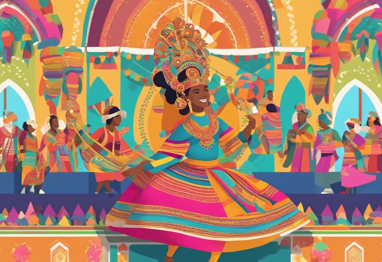 A colorful digital animation of a lively cultural festival in Cardiff, featuring traditional music, dance, and vibrant decorations