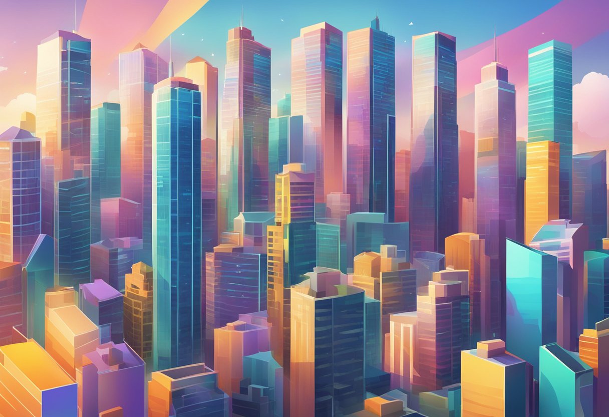 A vibrant cityscape with modern buildings and colorful digital animations displayed on large screens