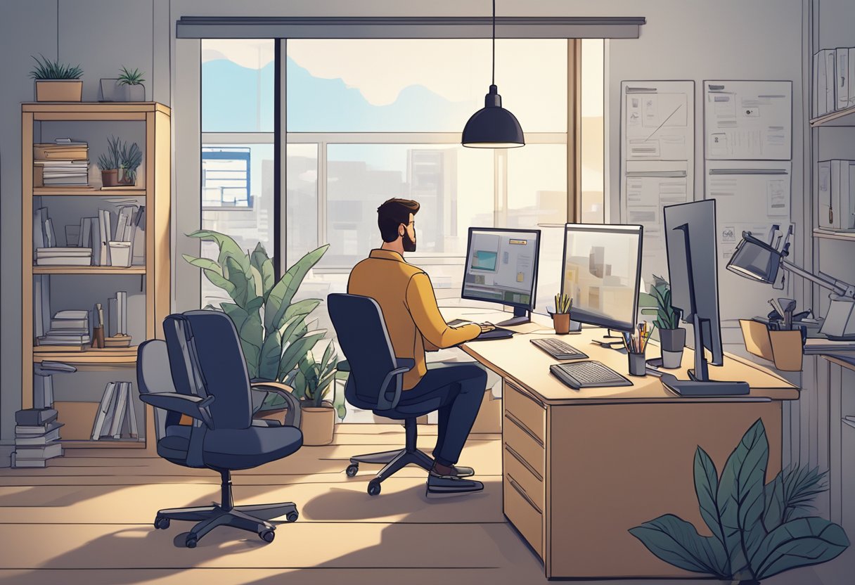 A digital animation provider in Cardiff answers frequently asked questions in a modern office setting, with computers and creative tools on the desk