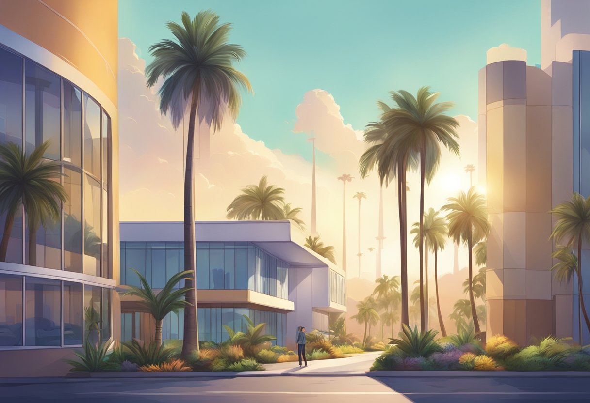 A sunny California landscape with palm trees and a modern animation studio building