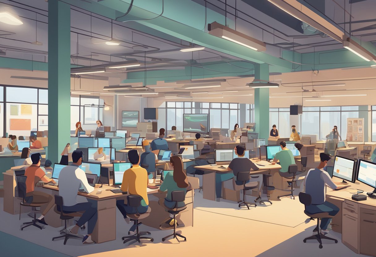 A bustling California animation studio filled with students and professionals collaborating on various projects