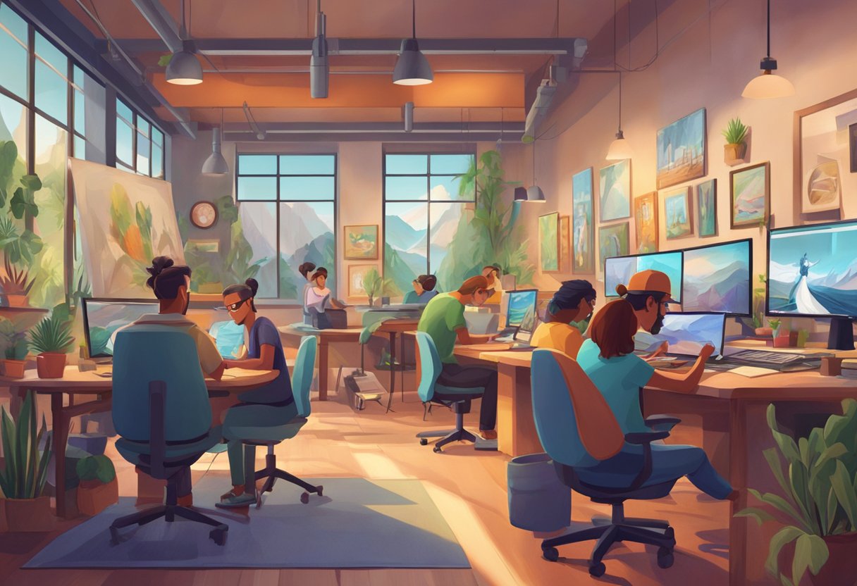 A group of animation studios in California collaborate and compete, with artists working on various projects in a vibrant and creative environment