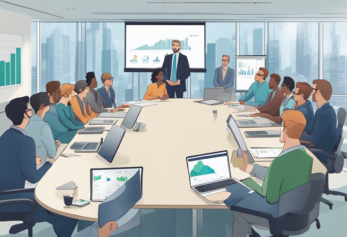 A group of Canadian animation providers gather in a boardroom, discussing funding and investment opportunities. Charts and graphs are displayed on a large screen, while individuals engage in lively conversation