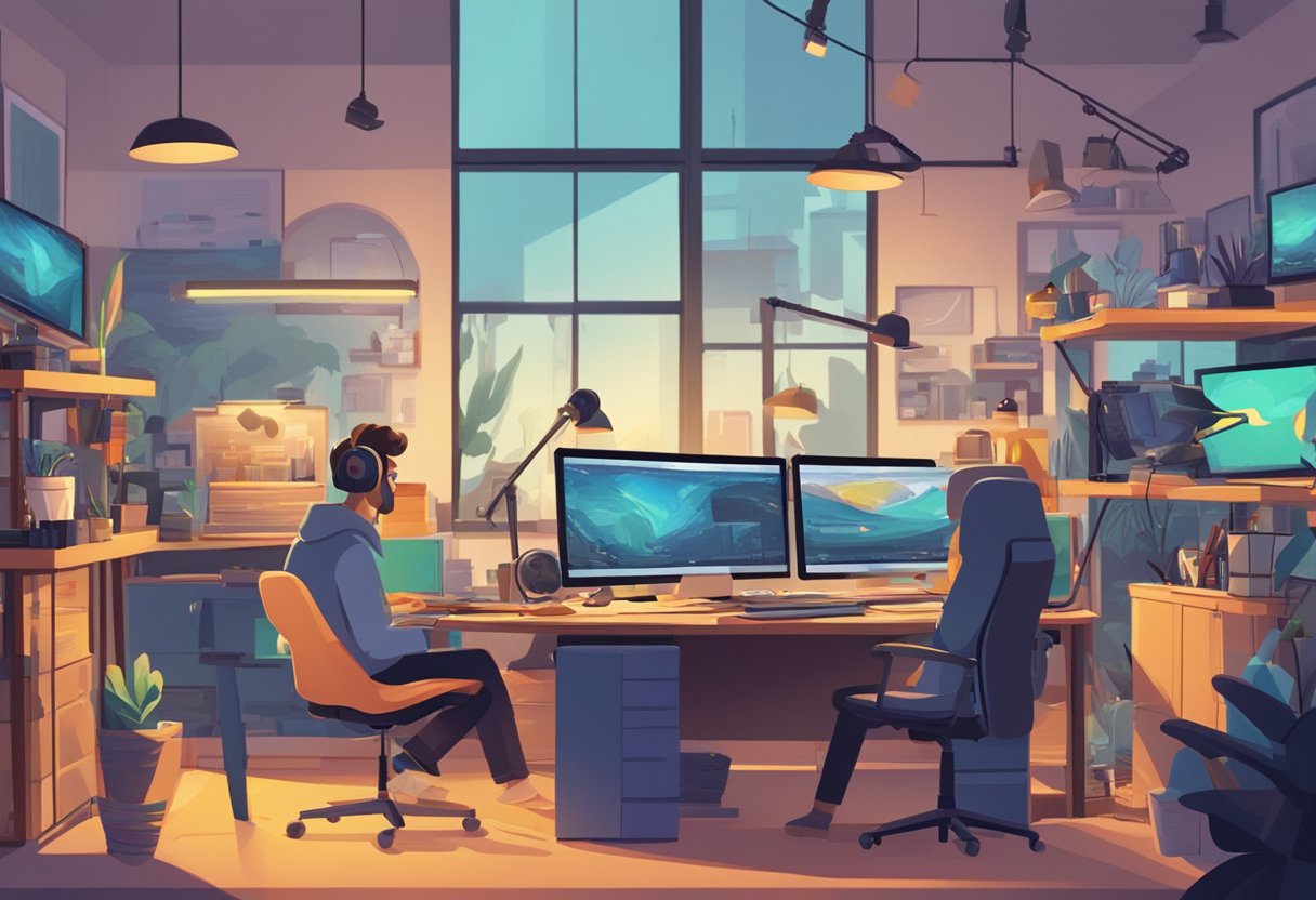 A bustling animation studio filled with state-of-the-art equipment and creative professionals working on colorful and dynamic animated scenes