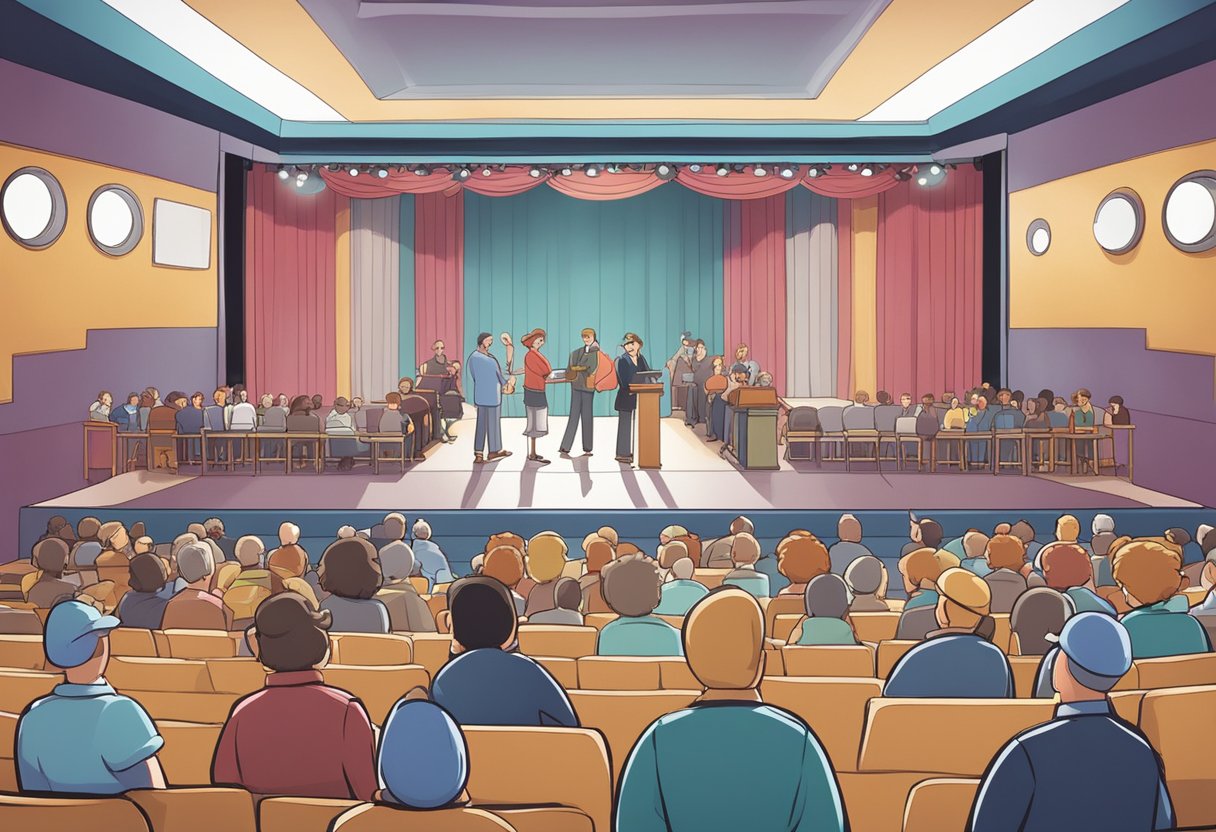 A stage with Canadian animation characters receiving awards