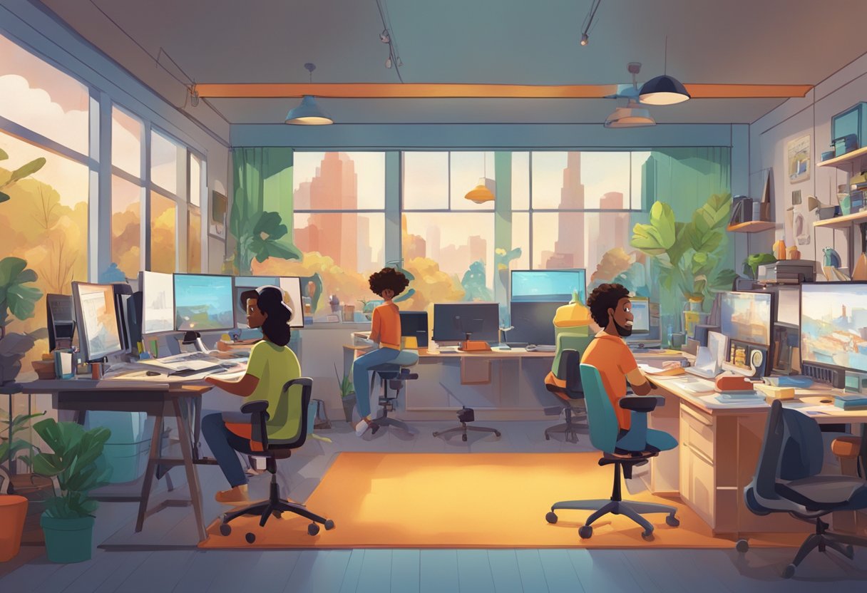 A bustling animation studio with diverse artists creating colorful characters and scenes, representing the global influence of Canadian animation