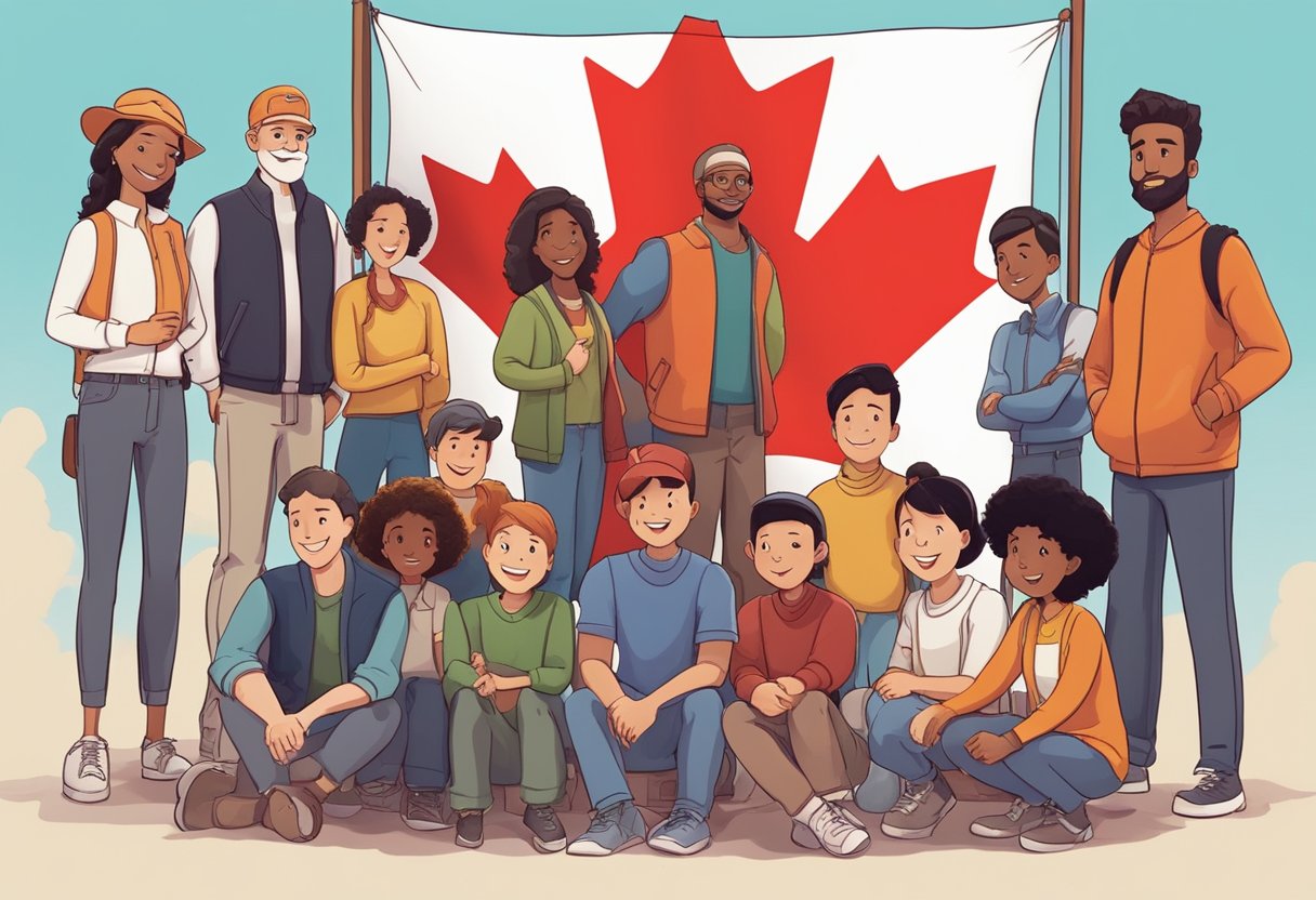 A diverse group of animated characters from Canadian shows gather around a maple leaf flag, symbolizing the cultural impact of animation in Canada