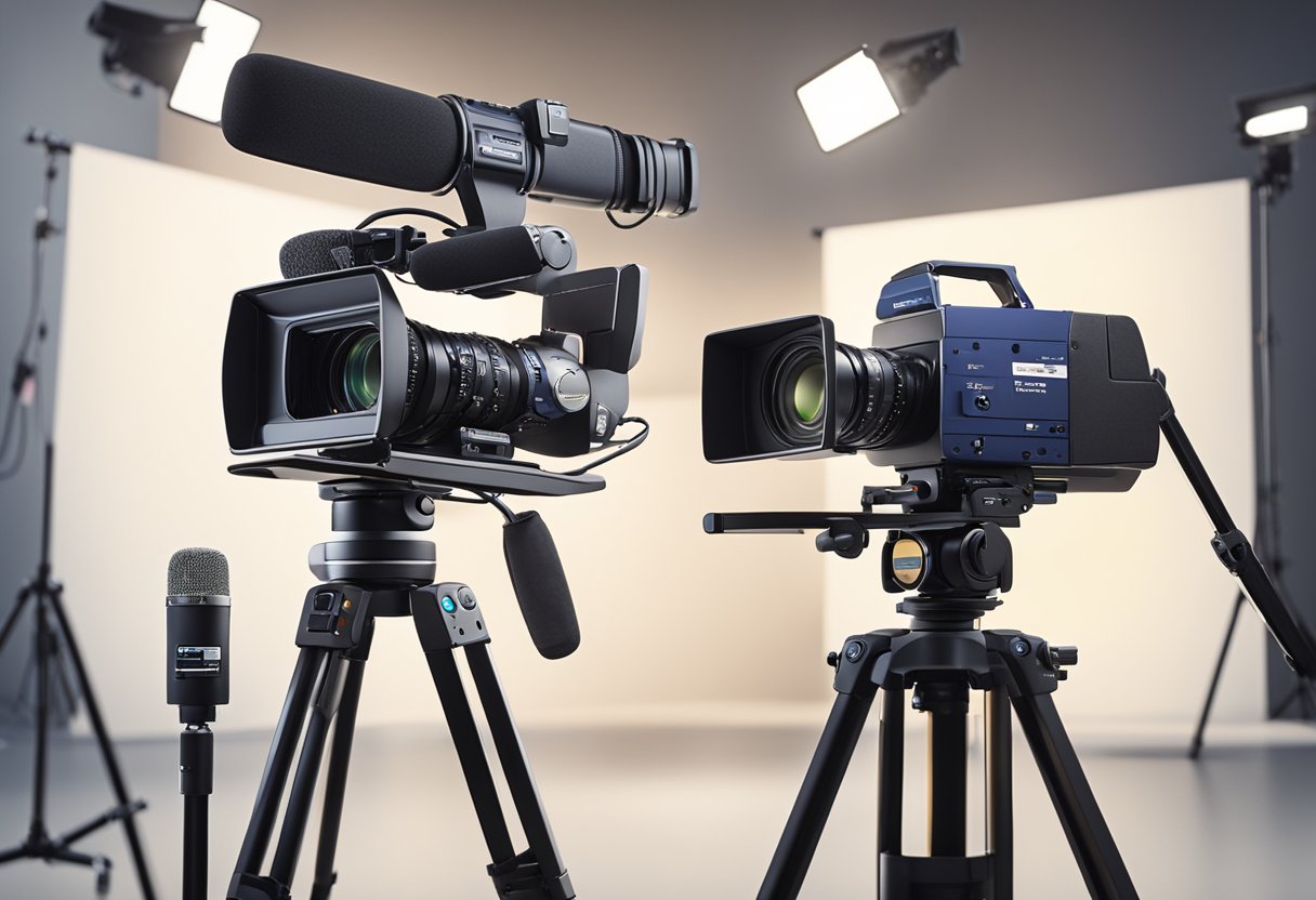 A professional video camera and microphone set up in a well-lit studio with a backdrop and props for filming corporate educational videos in Brisbane