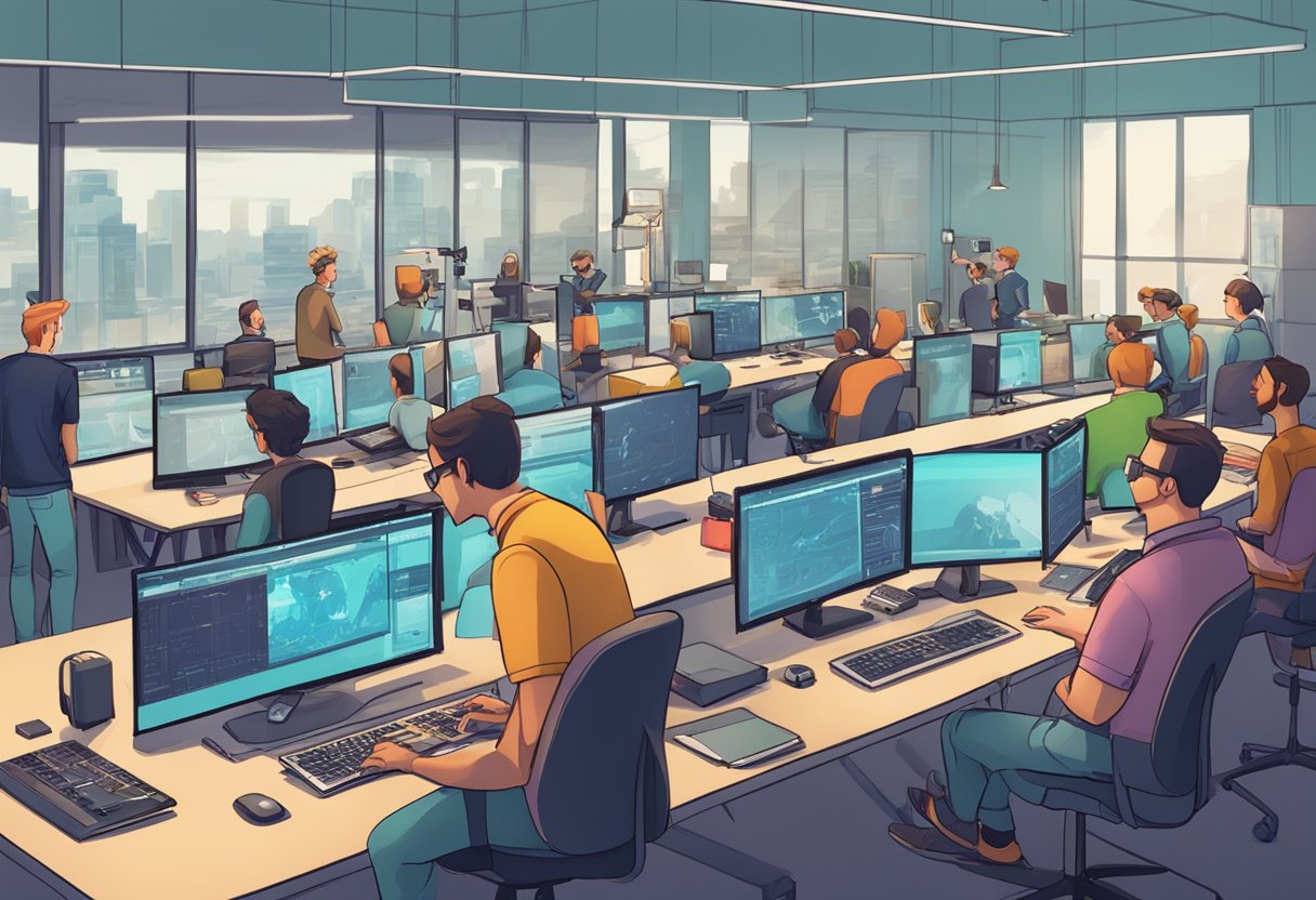 A group of Australian animation companies showcasing cutting-edge technology and software, with artists and animators collaborating on digital designs and 3D models