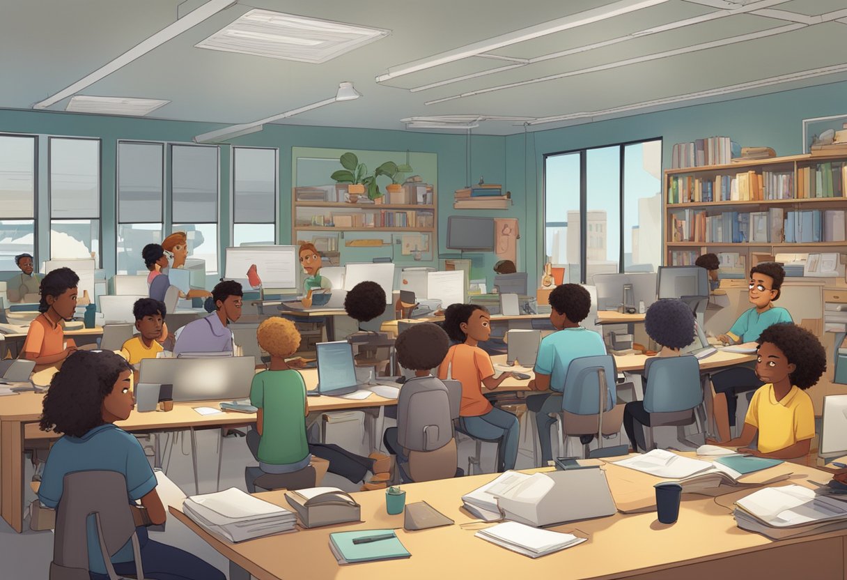 A group of diverse animated characters engage in educational activities within a bustling Australian animation studio