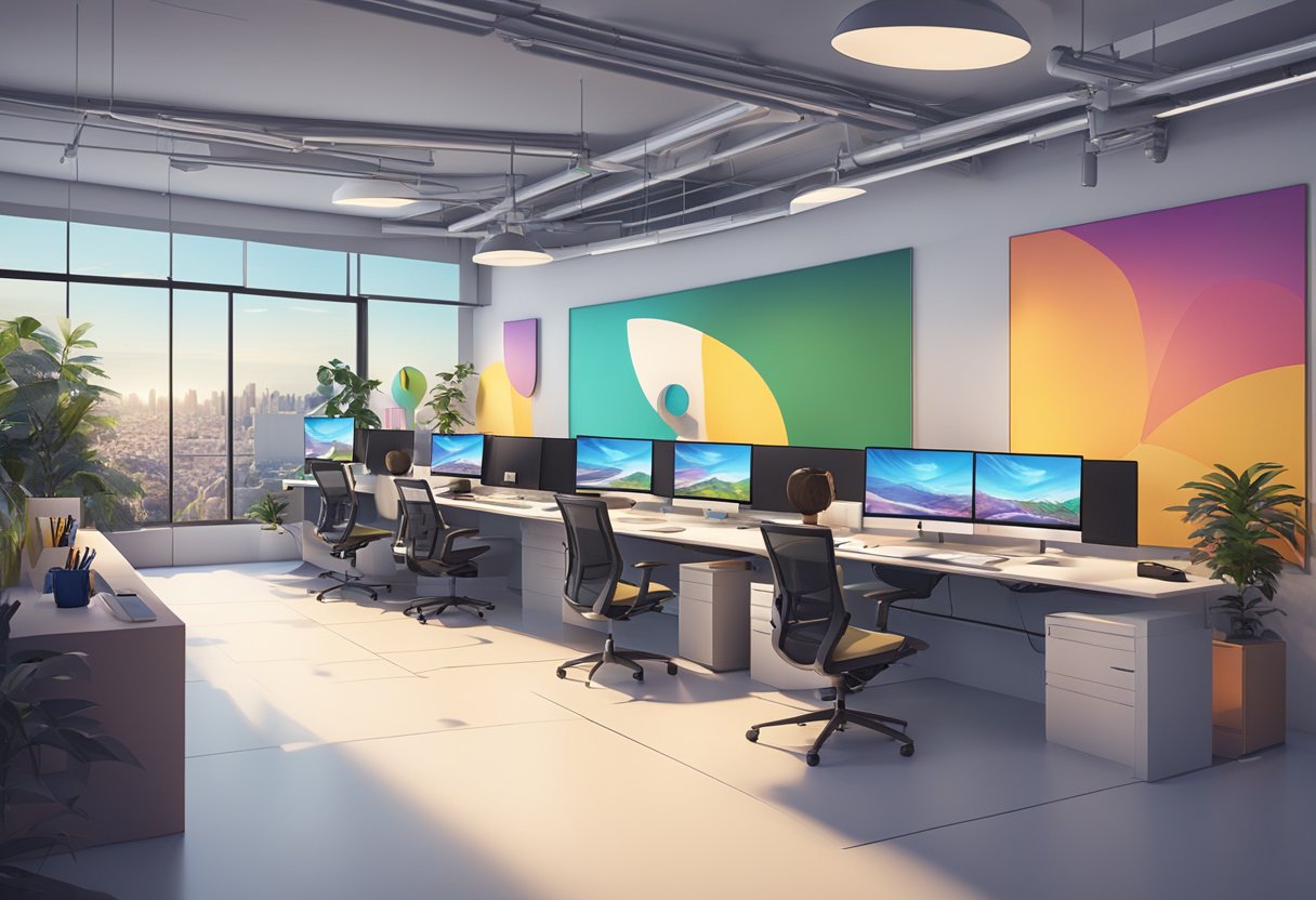 A modern, bustling animation studio in Sydney, with sleek workstations, large computer screens, and vibrant artwork adorning the walls