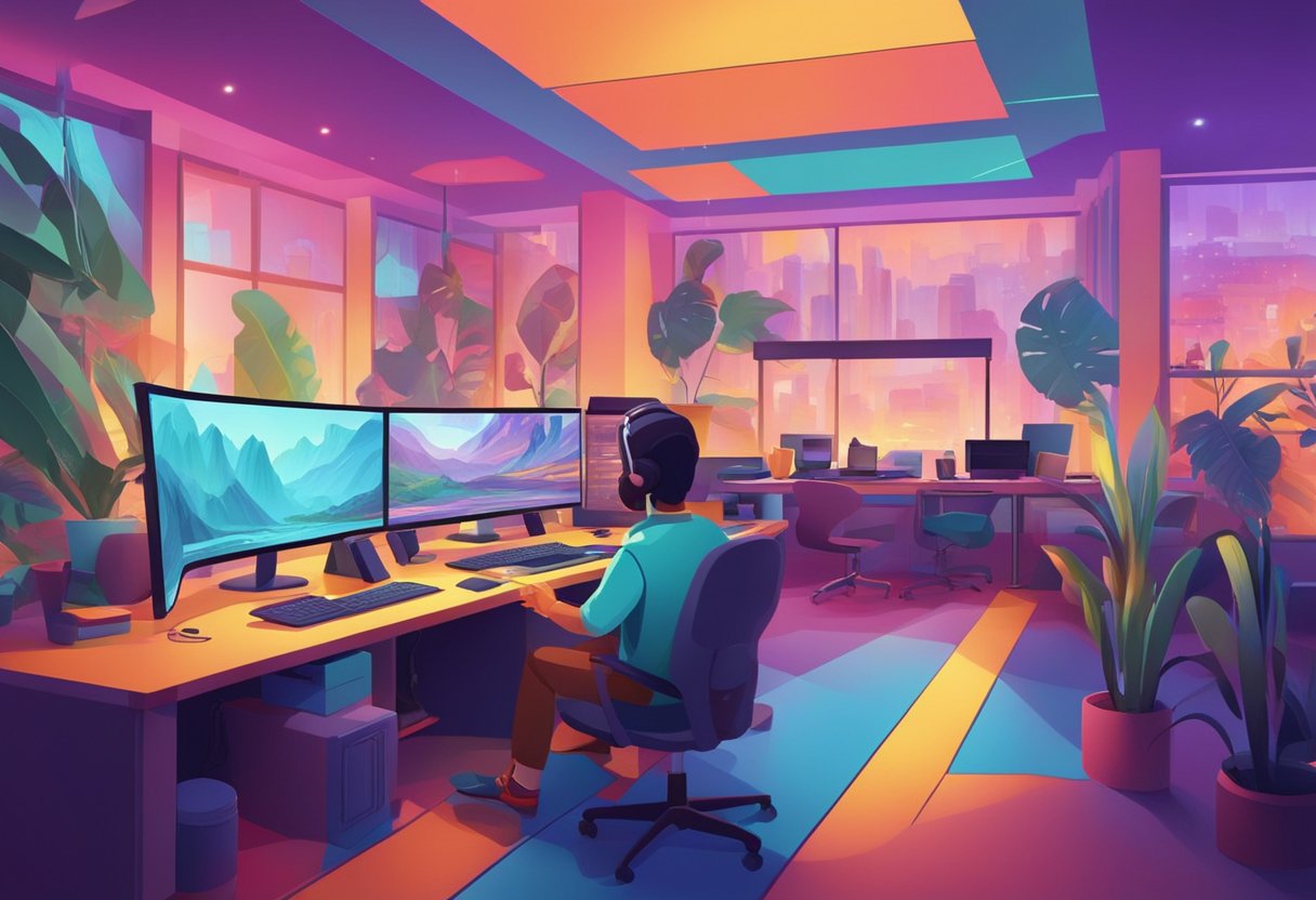 A colorful and dynamic animation studio with artists working on computers, creating vibrant and imaginative visual effects for an animated film
