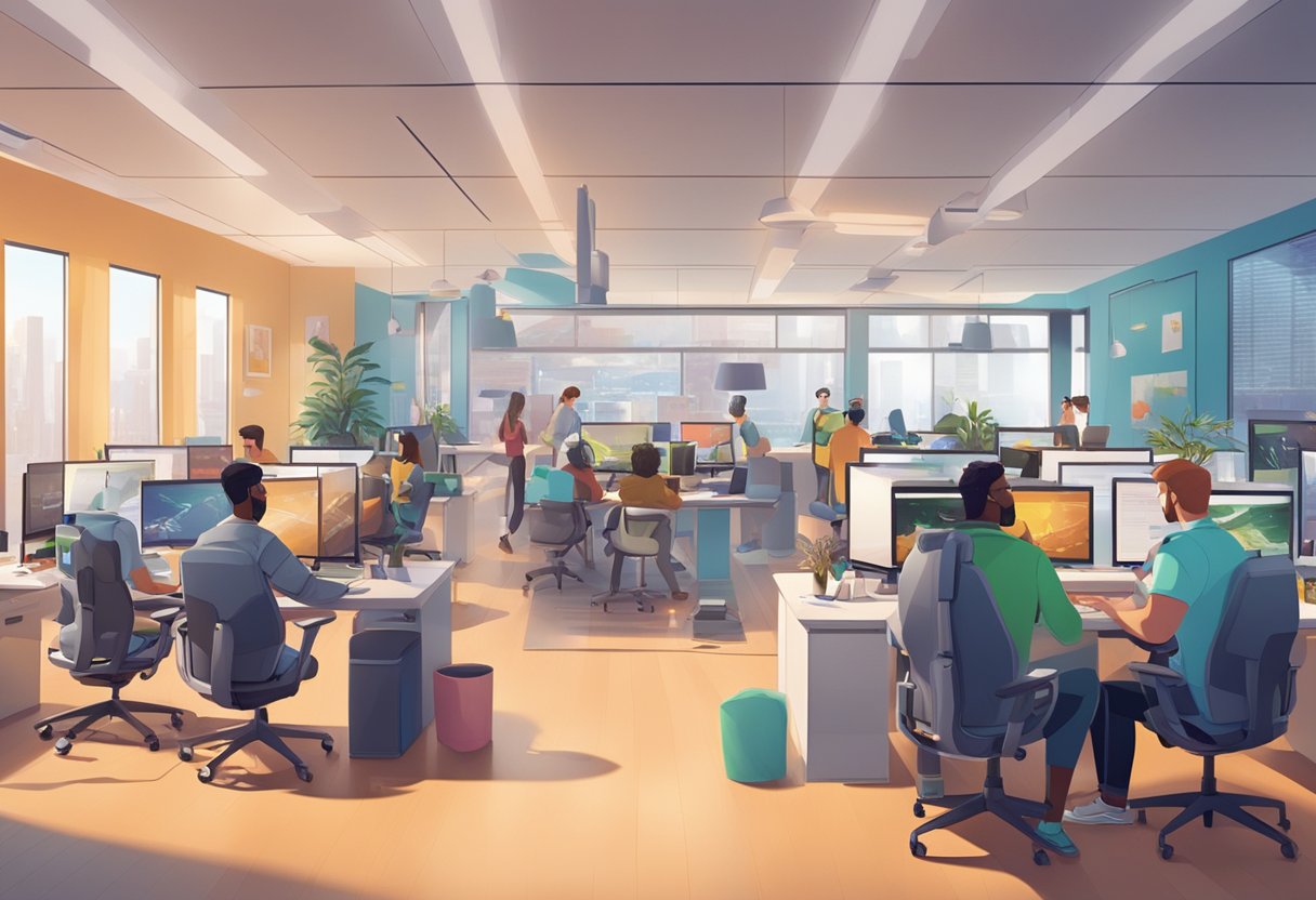 A bustling animation studio with diverse teams collaborating on futuristic projects