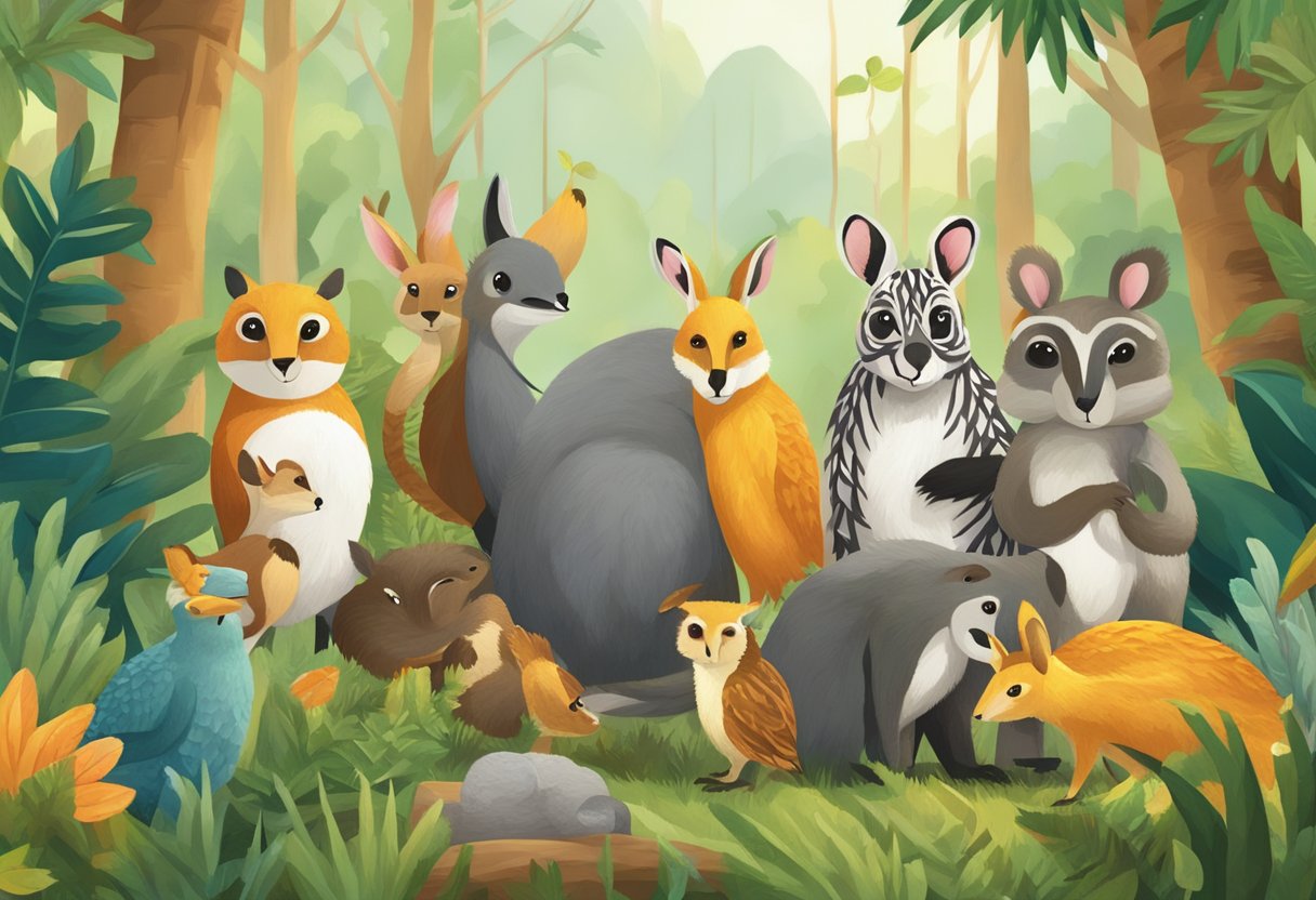 A group of animals representing different Australian wildlife gather around a sign with the words "Frequently Asked Questions" in a lush, colorful forest setting