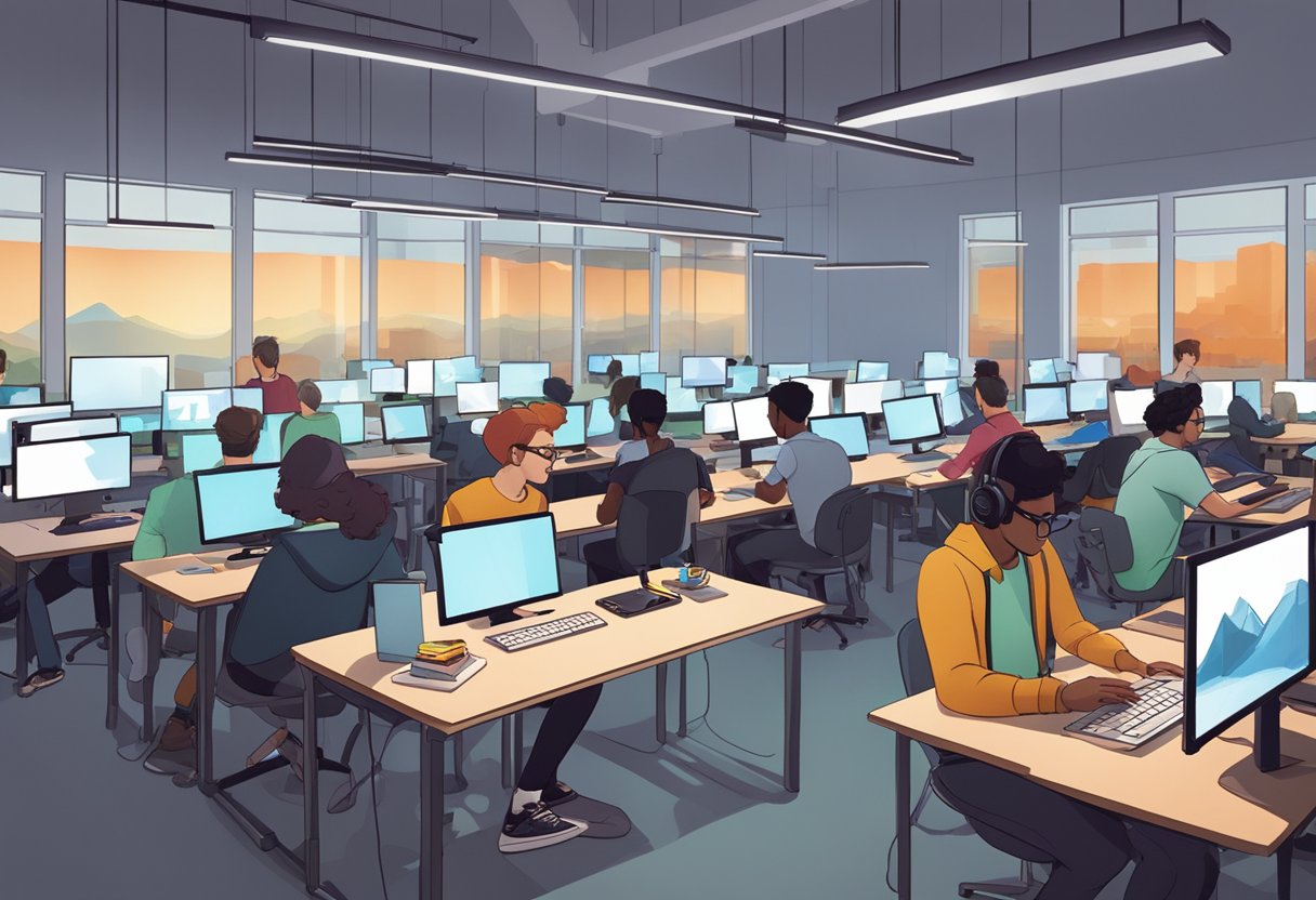 A group of animation students work on digital projects in a modern campus studio in Perth. Computer screens illuminate the room as students collaborate and create