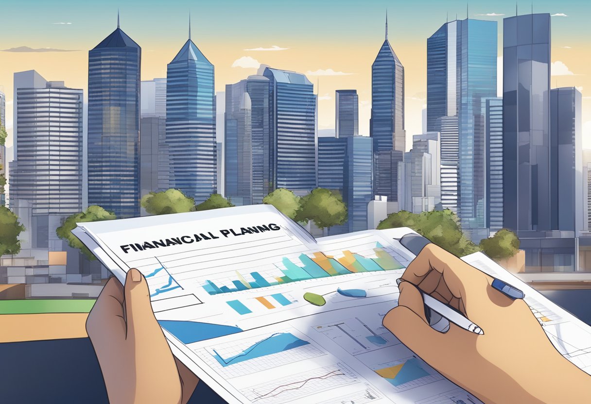 A digital animation of financial planning with Perth city skyline as backdrop, featuring charts, graphs, and a student studying