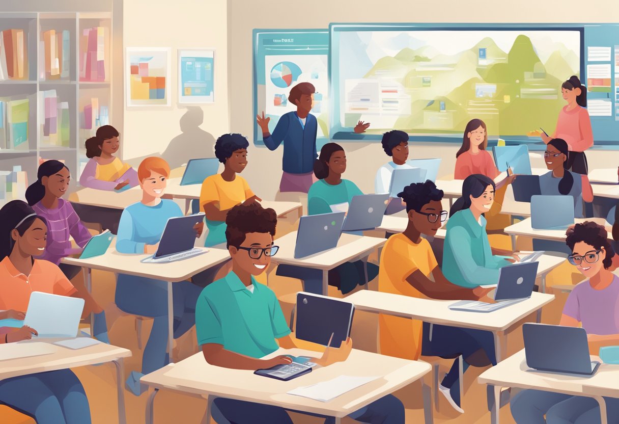 A classroom setting with diverse students using digital devices for language learning, located in Perth