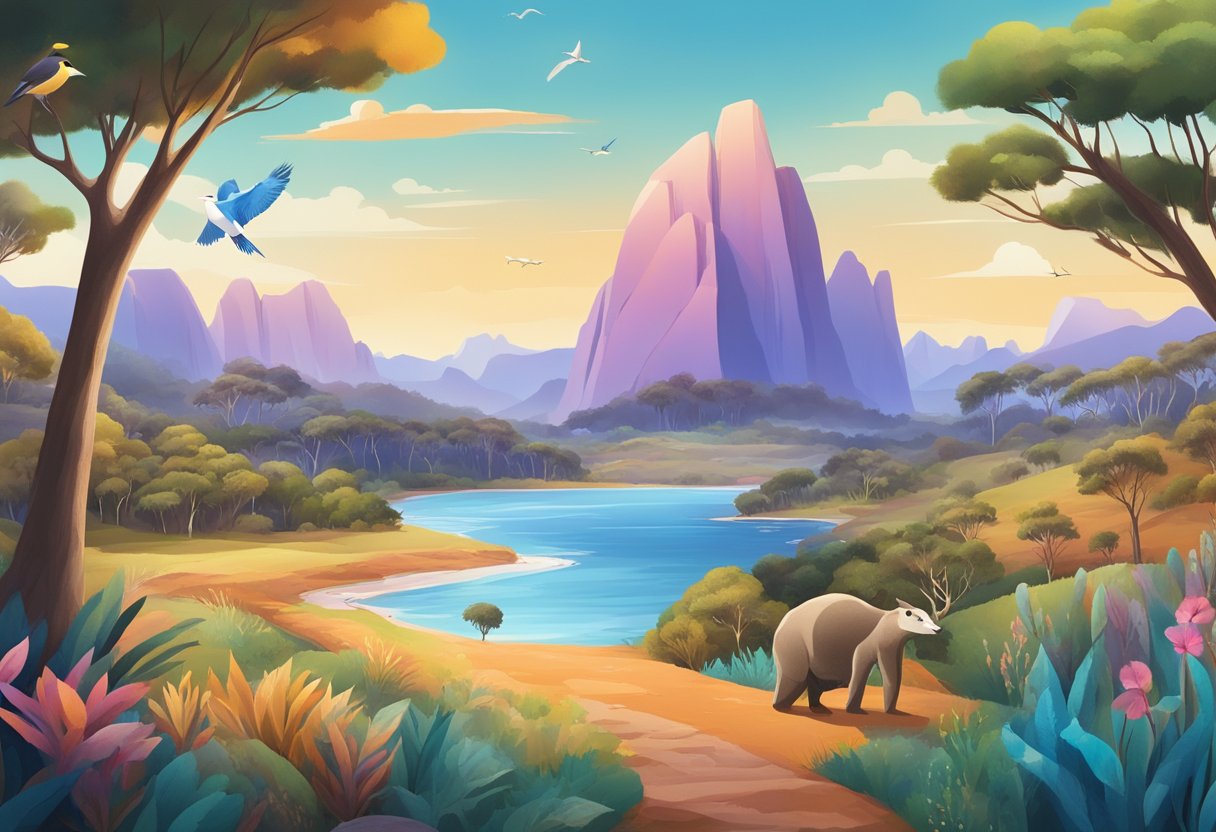 A colorful, interactive digital interface with educational content and engaging visuals, set against a backdrop of iconic Australian landscapes and wildlife