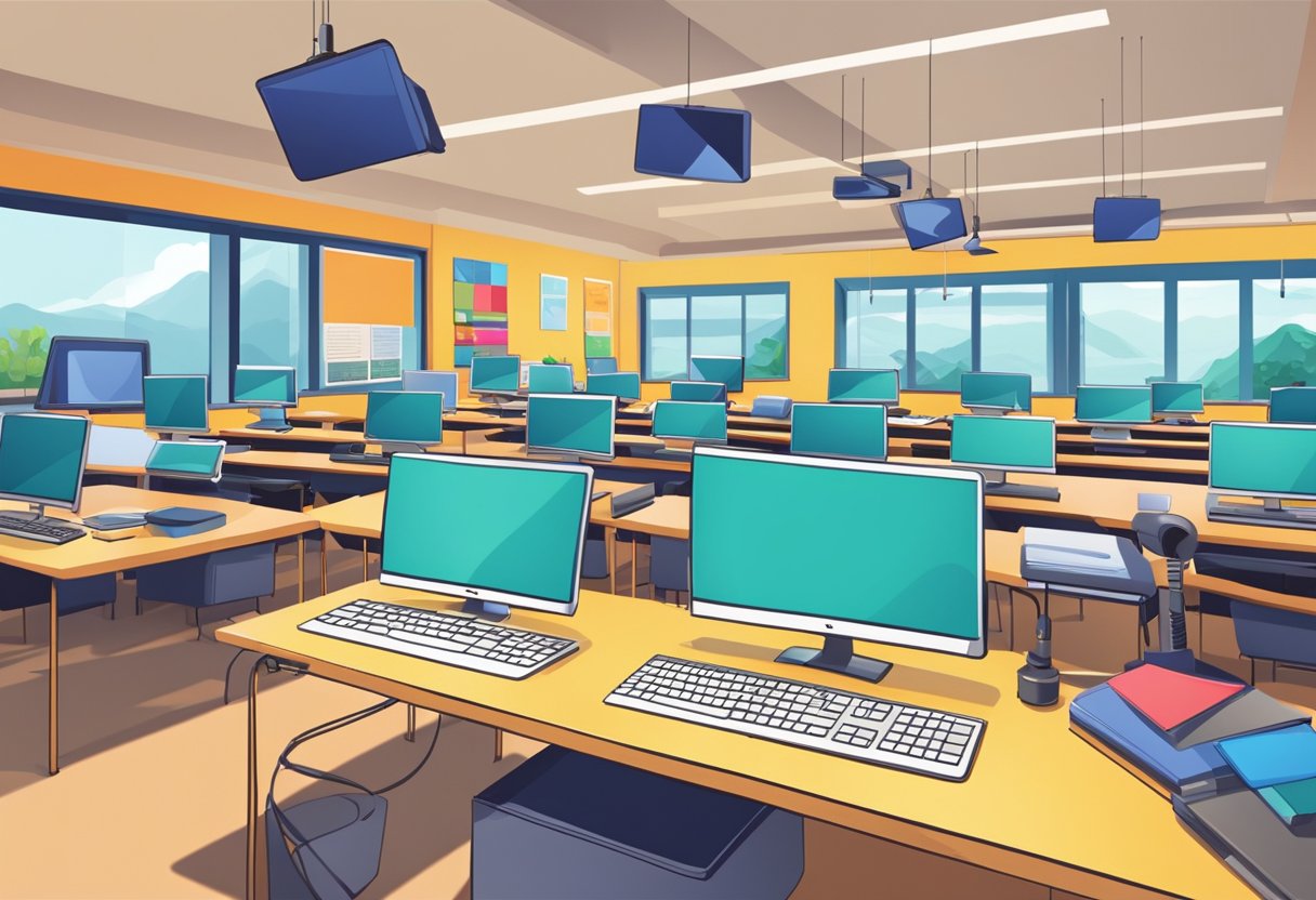 An animated classroom setting with computers, cameras, and design tools. Bright colors and modern equipment