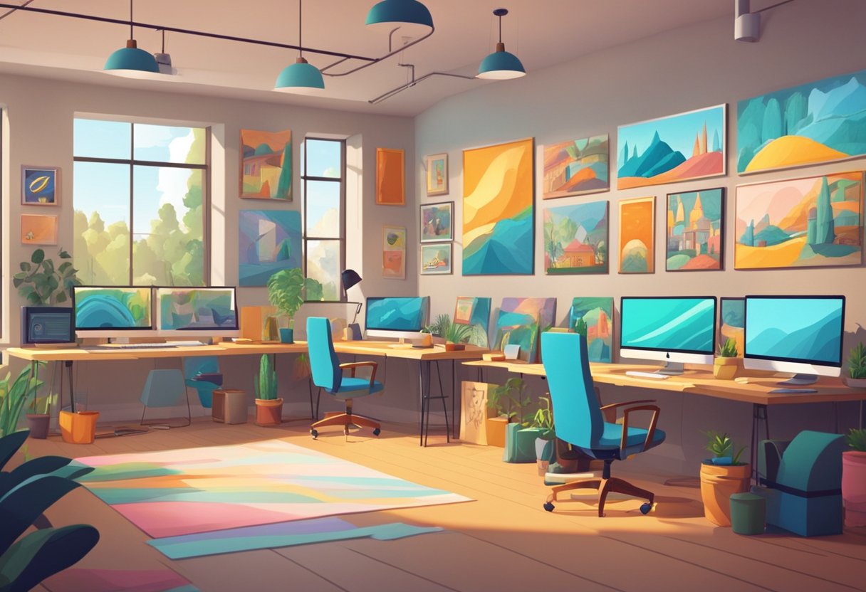 A colorful animation studio with various workstations and screens, showcasing different stages of the animation process. Bright and inviting atmosphere with posters of successful animated films on the walls