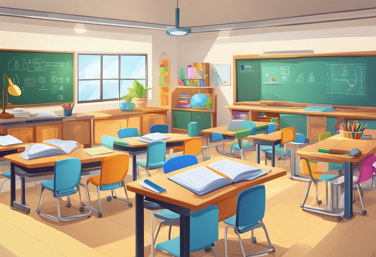 A colorful classroom setting with a whiteboard filled with educational animations on various subjects, including science, math, and history