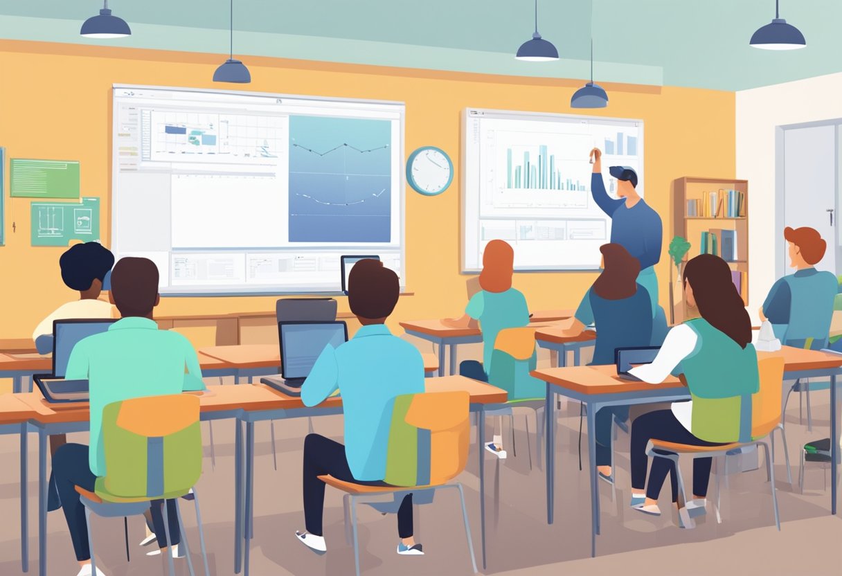 A classroom setting with students and instructors engaged in animation education, with visual aids and technology for support