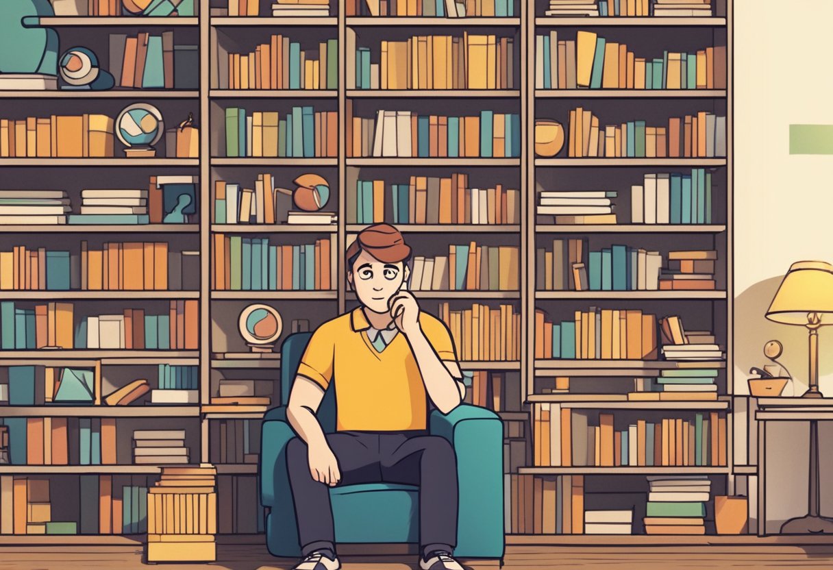 An animated character surrounded by question marks, with a bookshelf in the background