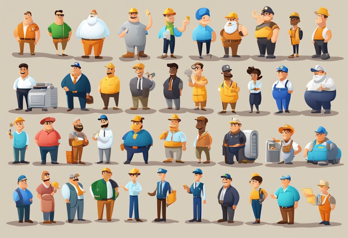 A diverse range of animated characters and objects representing different industries and purposes, from business to entertainment