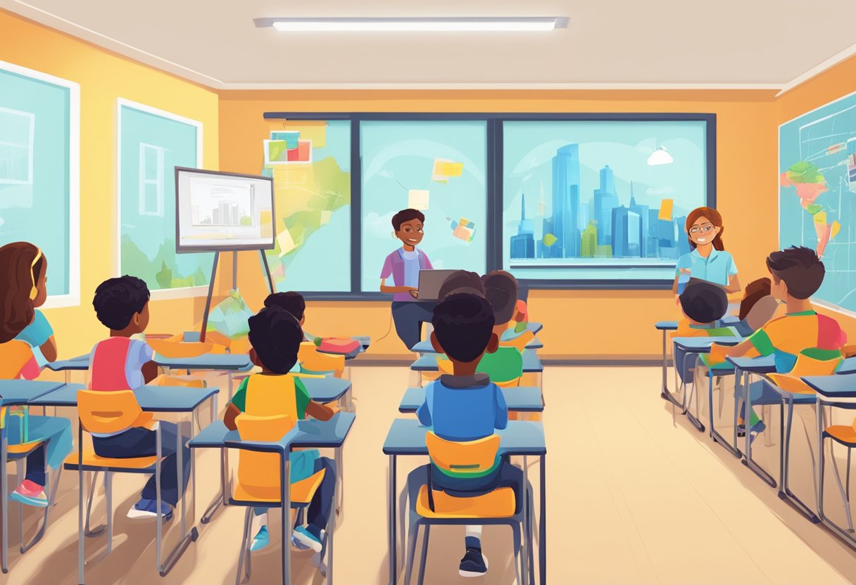 A classroom setting in the UAE with students engaged in interactive educational animation on digital devices