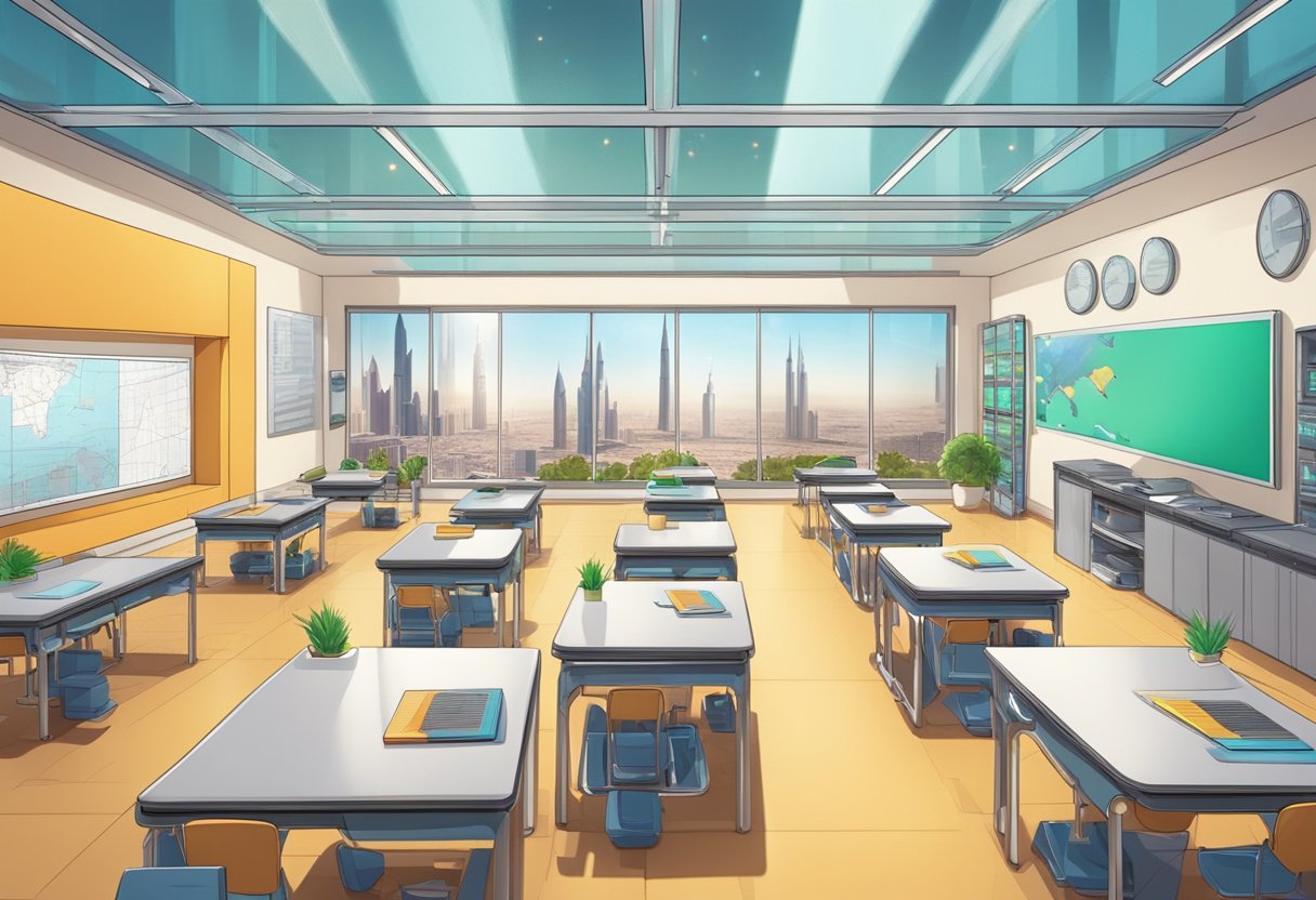 A futuristic classroom with advanced animation technology and UAE landmarks as backdrop
