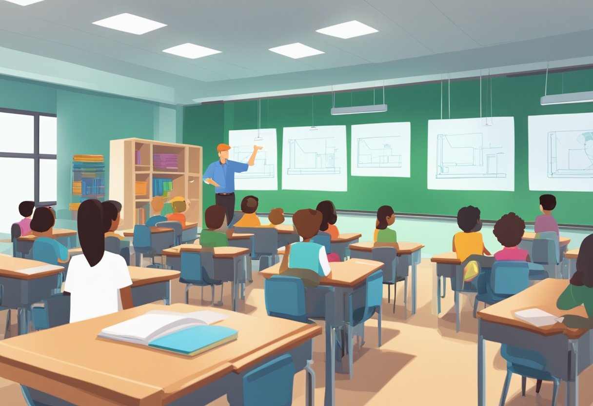 A classroom setting with students engaged in an interactive educational animation project, with a teacher guiding the activity in the background