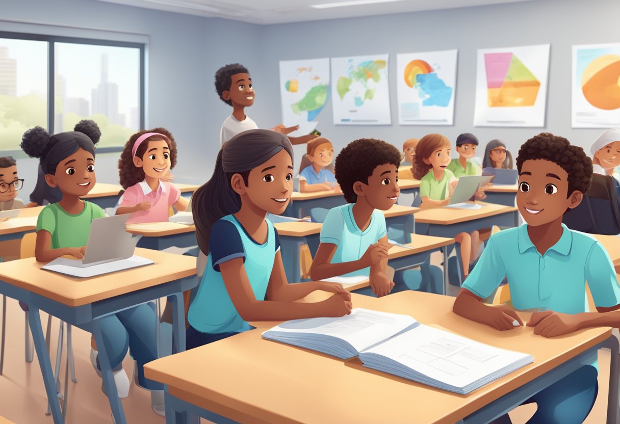 A diverse group of students engage with interactive educational animations in a modern classroom setting in the UAE