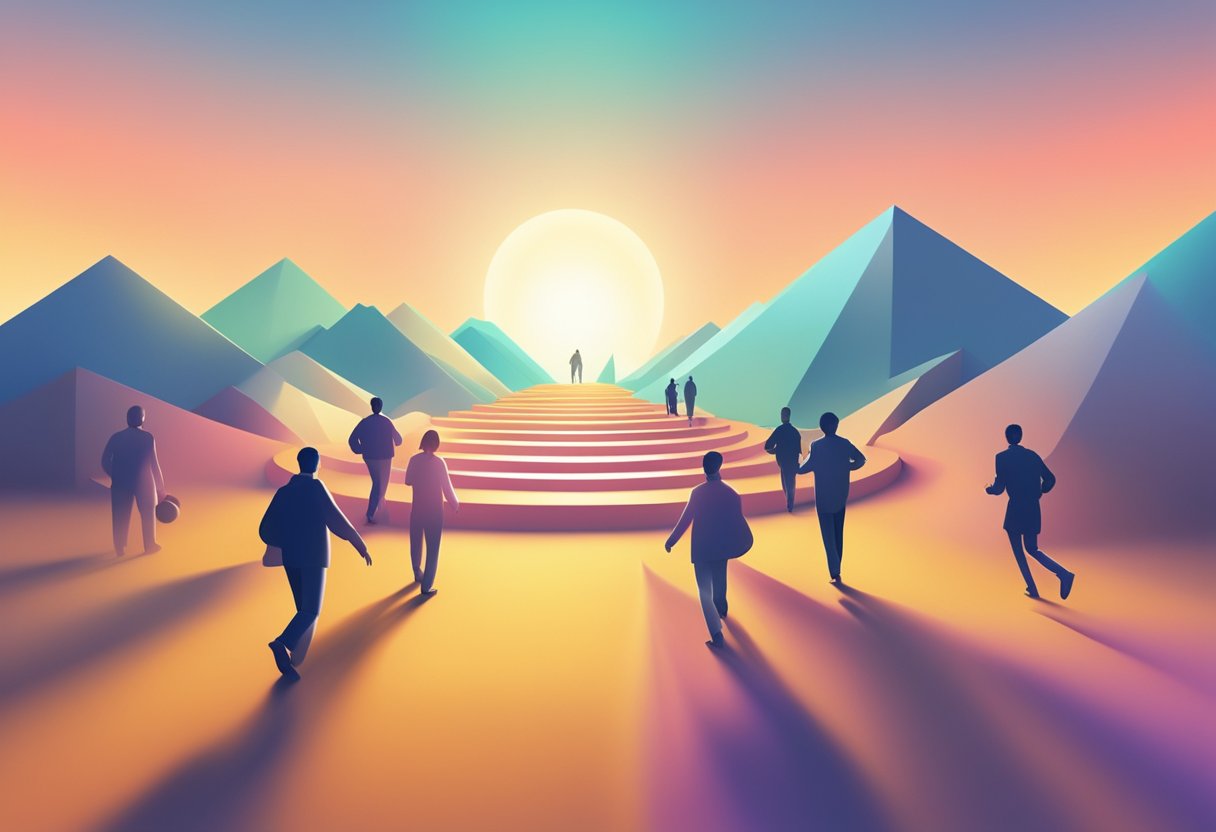 A group of diverse abstract shapes move toward a glowing horizon, symbolizing the conclusion of a training session and the beginning of new steps
