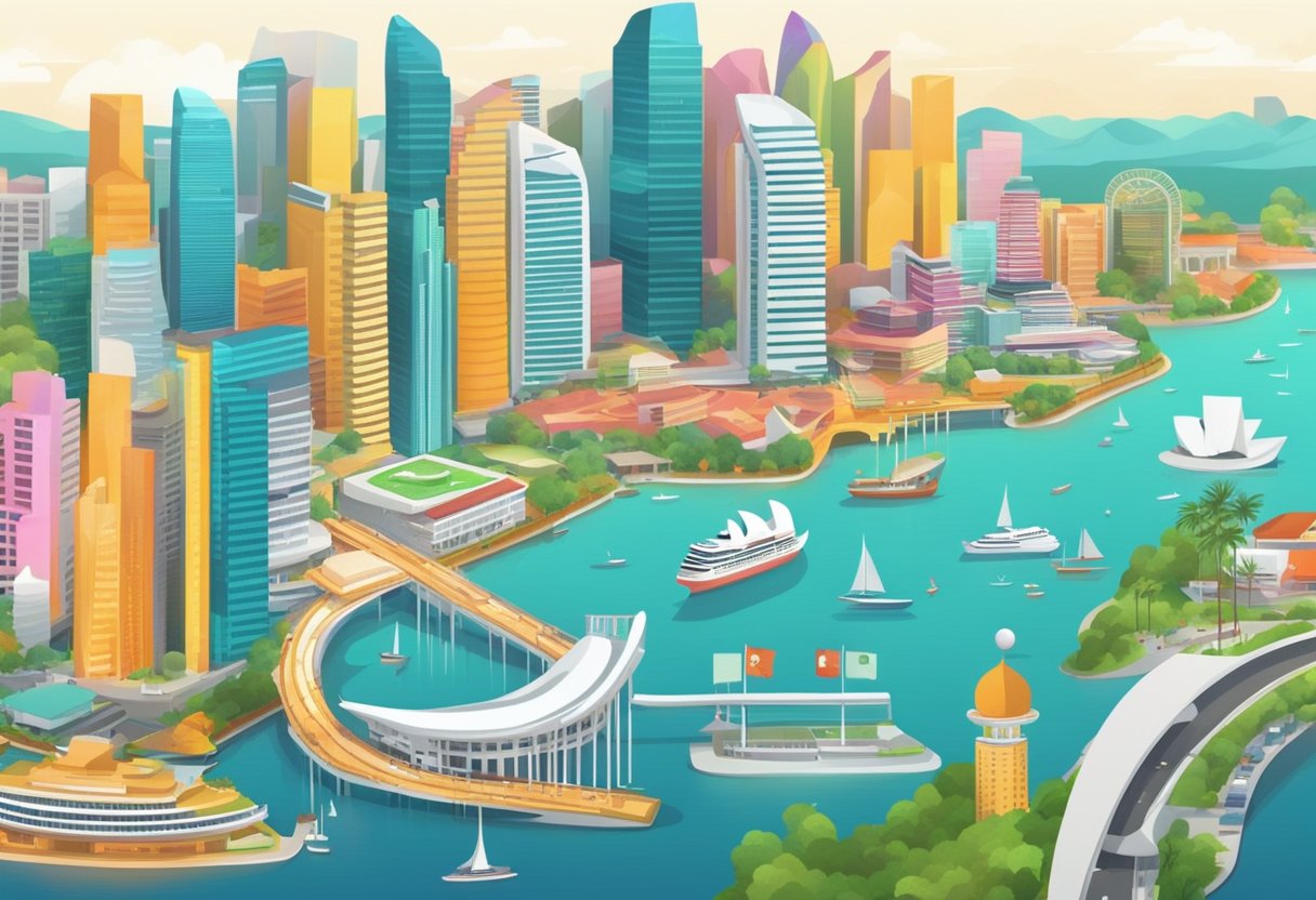 A colorful and dynamic animation of educational elements forming the skyline of Singapore, with interactive features highlighting key landmarks and concepts