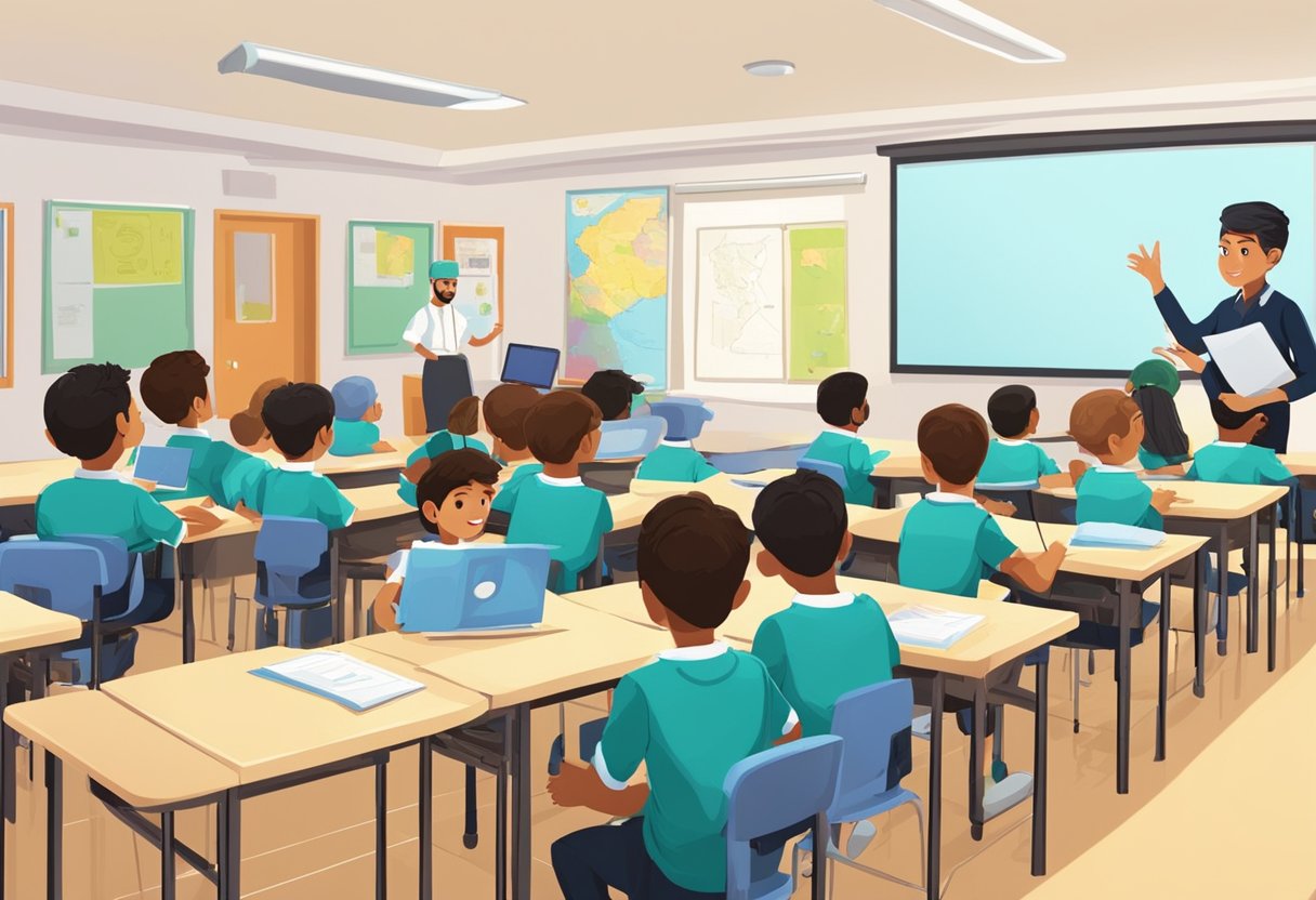 An animated classroom in Oman with students engaged in learning, while a teacher provides education and training on animation techniques