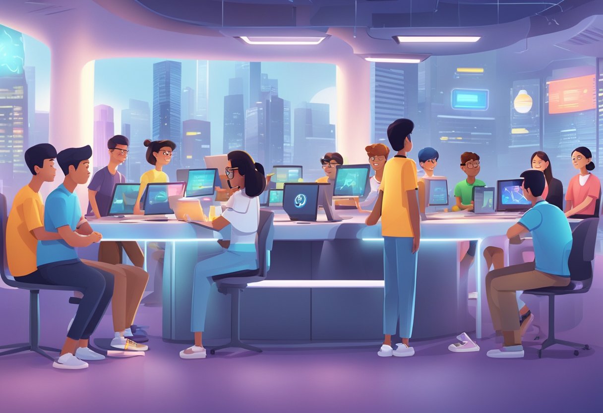 A group of diverse cartoon characters engage with interactive educational animations in a futuristic, tech-savvy environment in Singapore