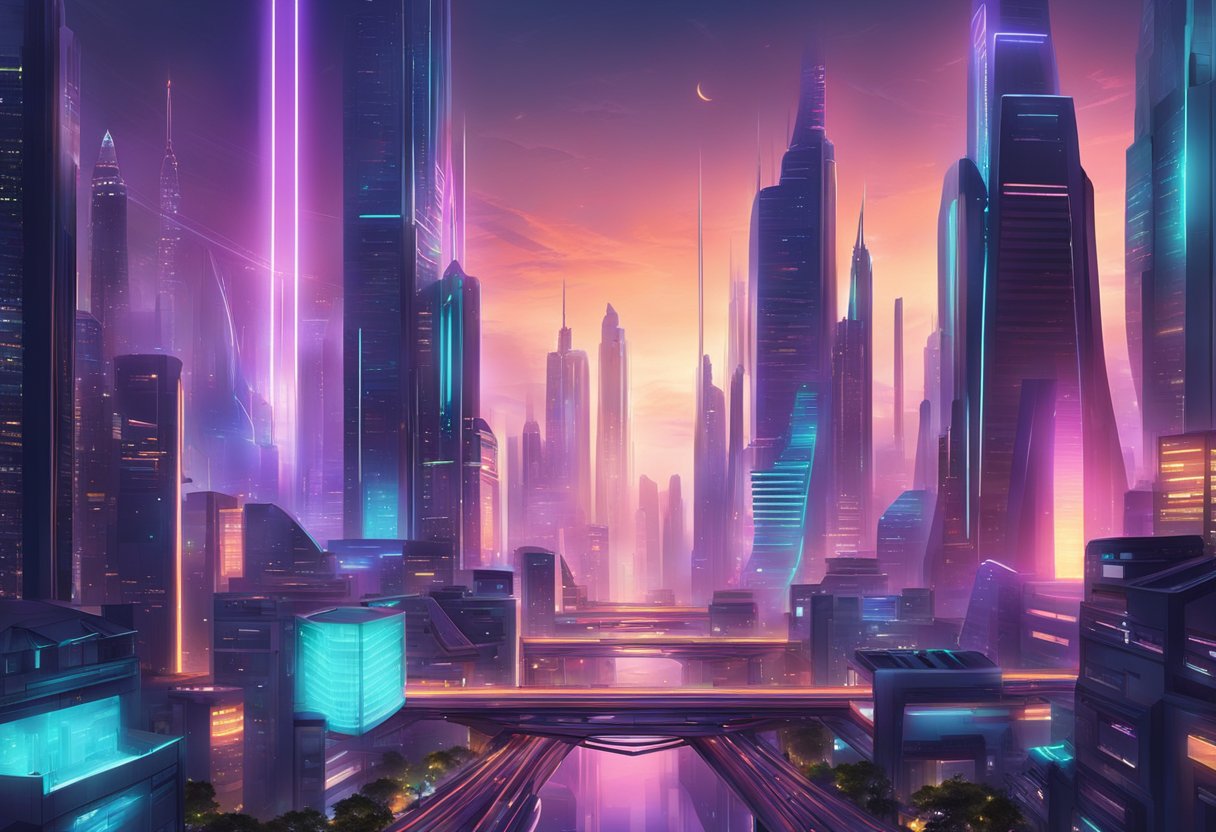 A futuristic cityscape with towering skyscrapers and neon lights, bustling with activity and surrounded by advanced technology