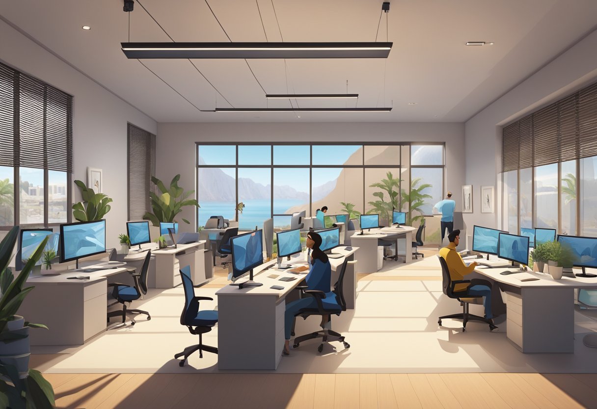 An animation studio in Oman, with a focus on legal and ethical considerations. The office is modern and professional, with employees working at their desks