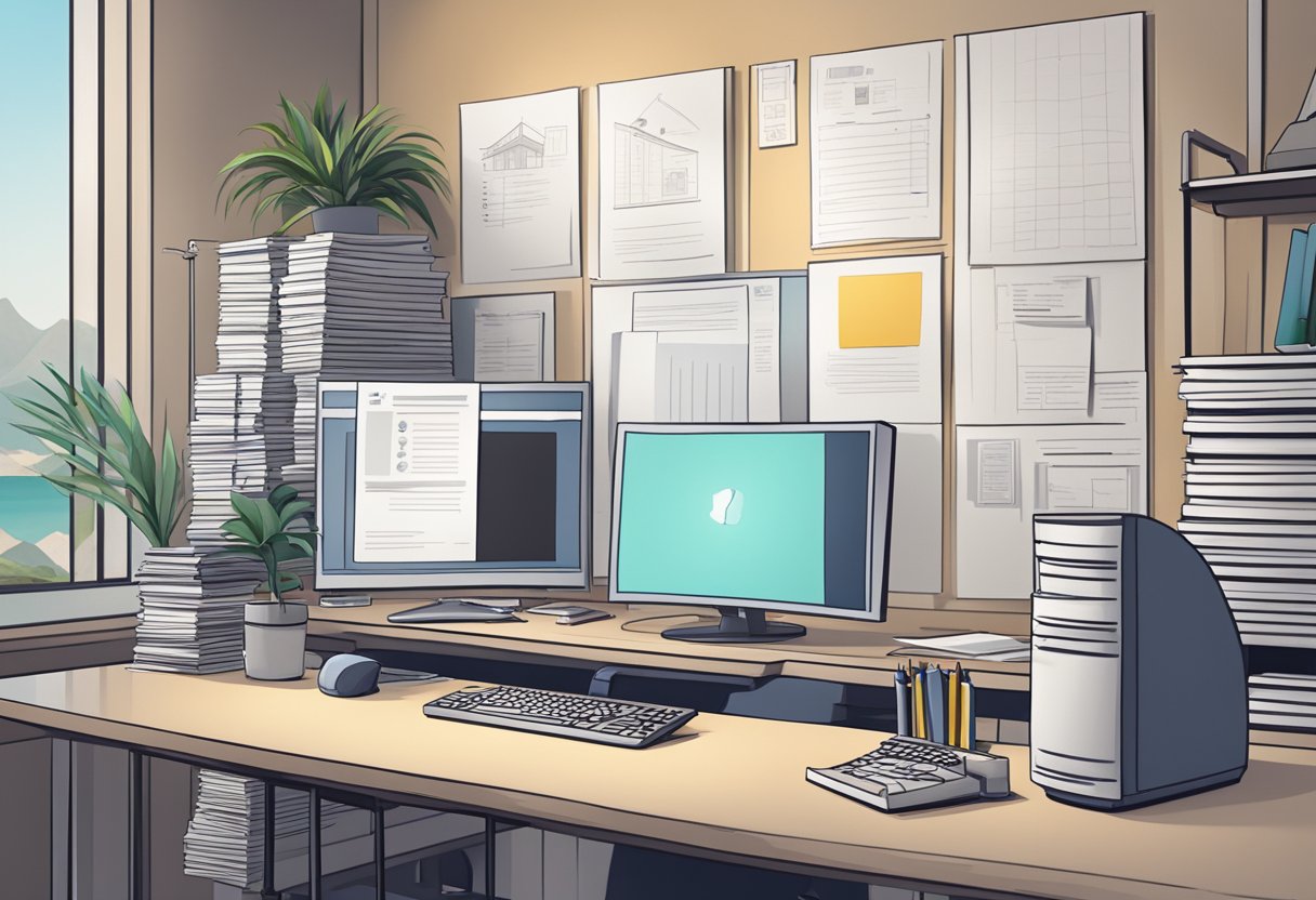 An animation studio in Oman with a stack of FAQ papers and a computer screen displaying the company logo