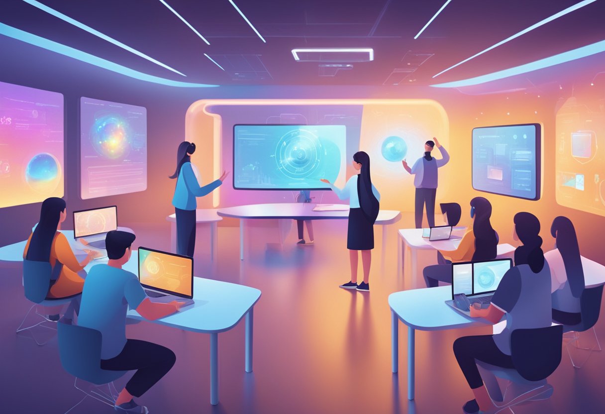 A futuristic virtual classroom with interactive holographic displays and students engaged in online learning activities