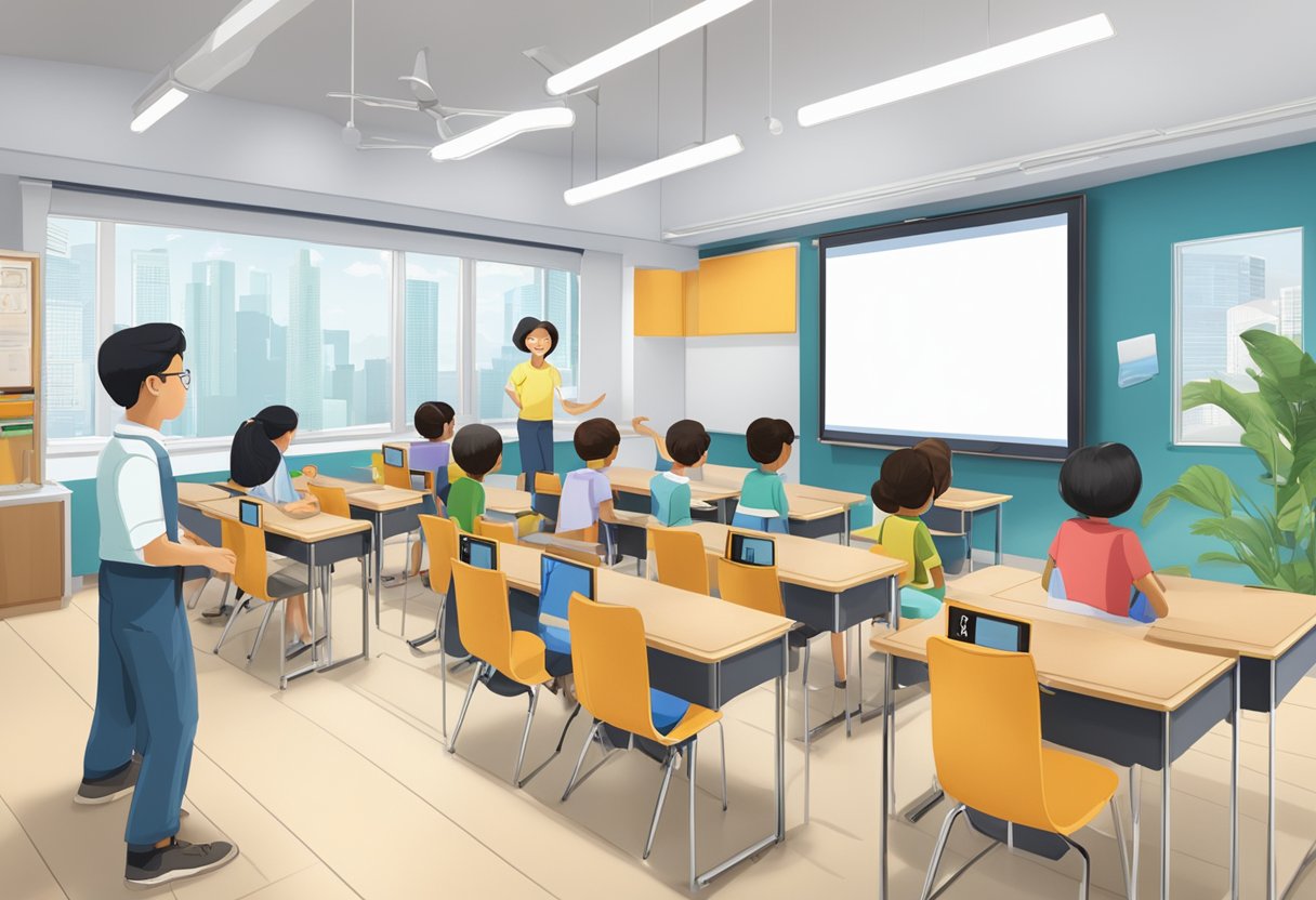 A classroom setting with a digital screen displaying an interactive educational animation about technical aspects in Singapore