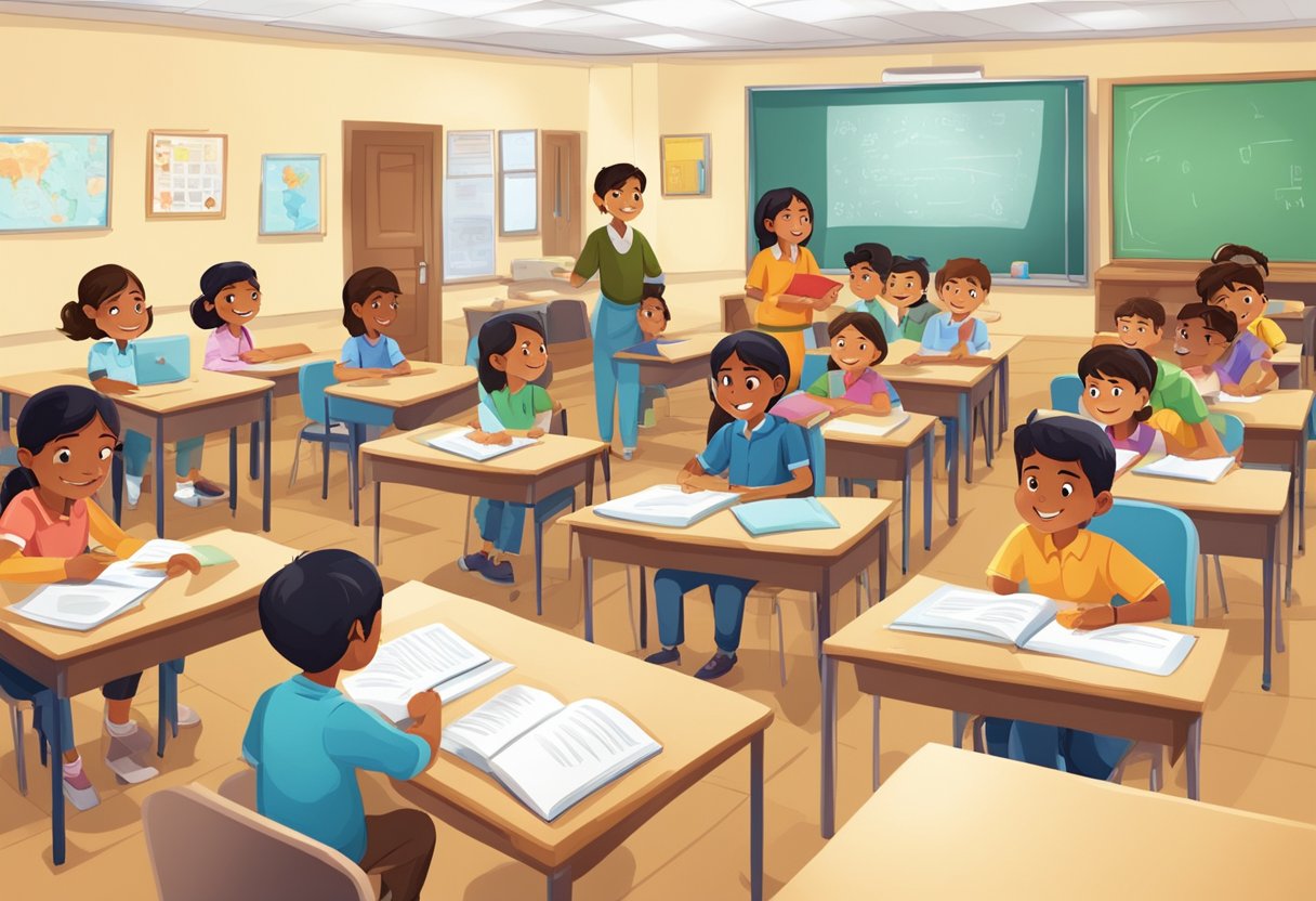 An animated Indian classroom with diverse students engaging in interactive learning activities