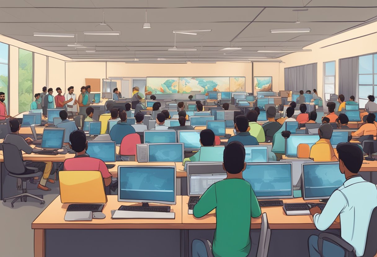 A bustling studio filled with animators, sound engineers, and producers collaborating on educational animations for the Indian market