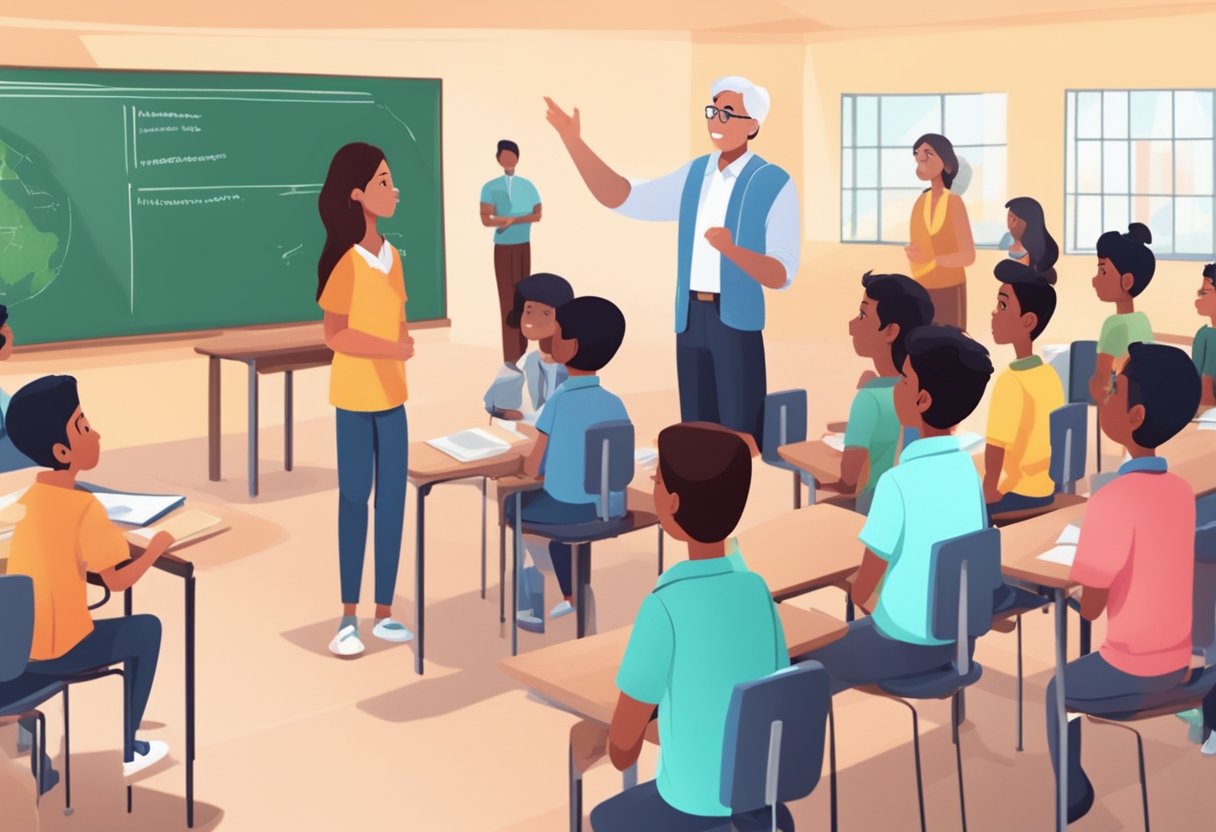 A group of diverse students and a teacher interact with dynamic educational animations in a modern classroom setting in India