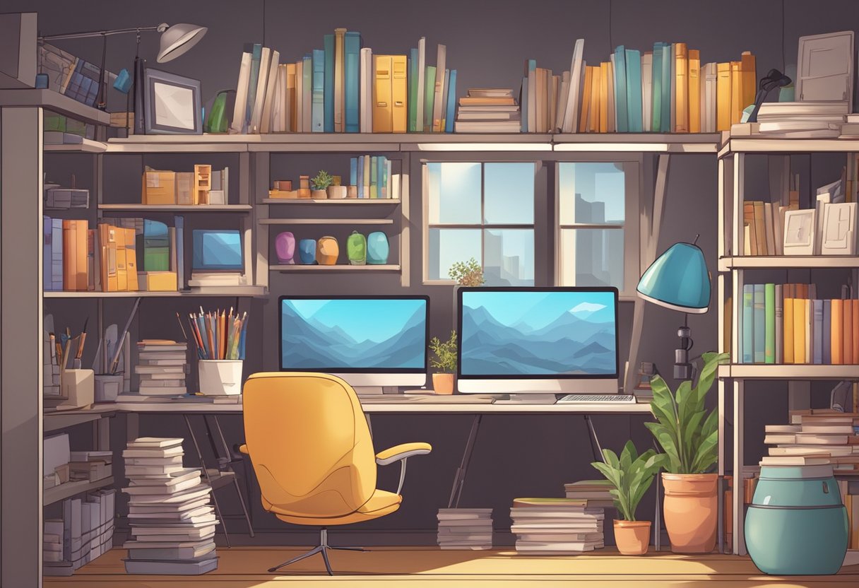 A colorful animation studio with computers and drawing tablets, surrounded by shelves of educational books and props